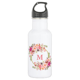 Waterverf Roze Bloemen Goud Monogram Waterfles