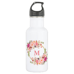 Waterverf Roze Bloemen Goud Monogram Waterfles
