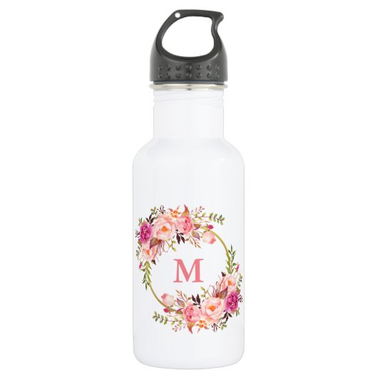 Waterverf Roze Bloemen Goud Monogram Waterfles (Voorkant)