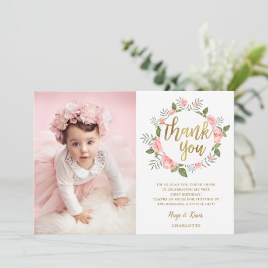 Waterverf Roze Bloemen Goud Verjaardag Dank u Kaart (Staand voorkant)