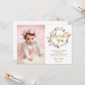 Waterverf Roze Bloemen Goud Verjaardag Dank u Kaart (Voorkant / Achterkant in situ)