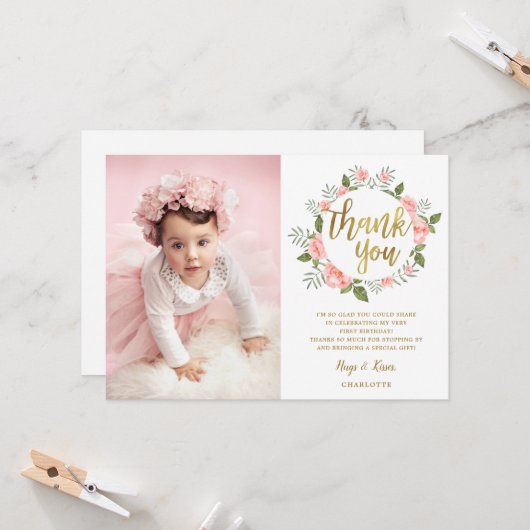 Waterverf Roze Bloemen Goud Verjaardag Dank u Kaart (Voorkant / Achterkant in situ)