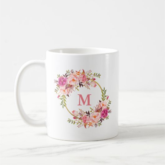 Waterverf Roze Bloemen Gouden Cirkel Monogram Koffiemok (Links)
