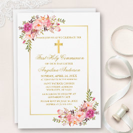 Waterverf Roze Bloemen Gouden Kruis Communie Kaart