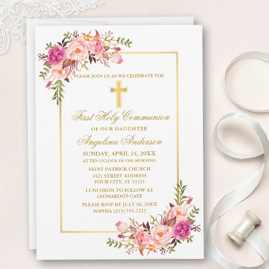 Waterverf Roze Bloemen Gouden Kruis Communie Kaart