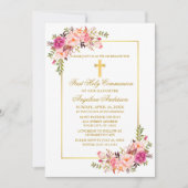 Waterverf Roze Bloemen Gouden Kruis Communie Kaart (Voorkant)