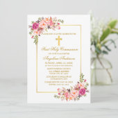 Waterverf Roze Bloemen Gouden Kruis Communie Kaart (Staand voorkant)