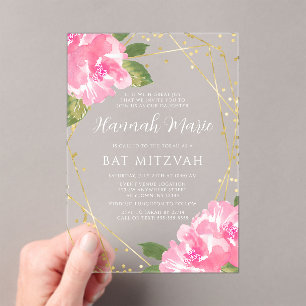 Waterverf Roze Bloemen Gouden Vleermuis Mitzvah Acryl Uitnodigingen