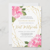 Waterverf Roze Bloemen Gouden Vleermuis Mitzvah Kaart (Voorkant)