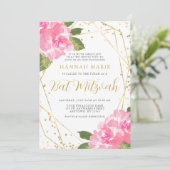 Waterverf Roze Bloemen Gouden Vleermuis Mitzvah Kaart (Staand voorkant)