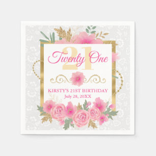 Waterverf roze bloemen & goudflora Birthday Party Servet