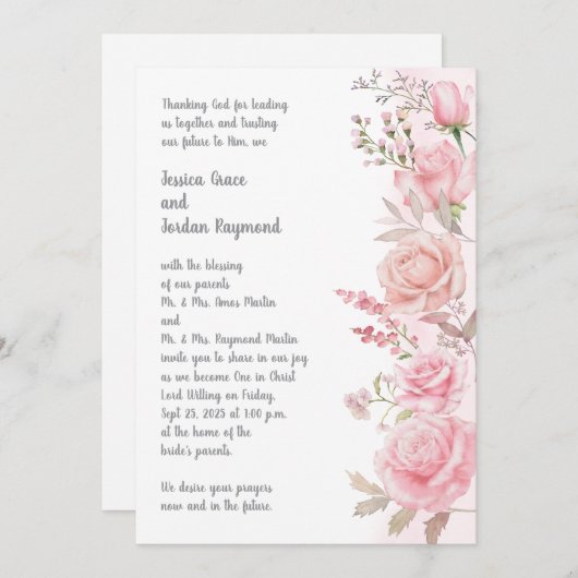 Waterverf Roze Bloemen Grens Huwelijksuitnodiging Kaart (Voorkant / Achterkant)