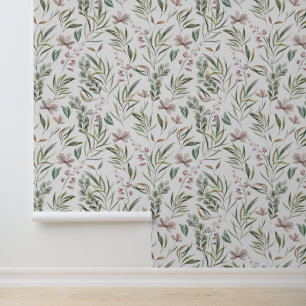 Waterverf Roze Bloemen Groen gebladerte Botanisch Behang