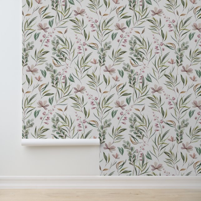 Waterverf Roze Bloemen Groen gebladerte Botanisch Behang (Applicatie)