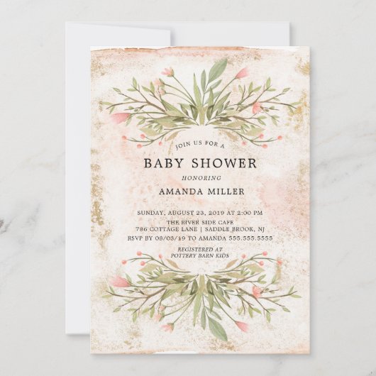 Waterverf Roze Bloemen & Groene Baby Shower Kaart (Voorkant)