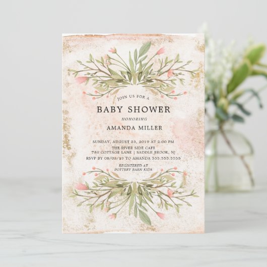 Waterverf Roze Bloemen & Groene Baby Shower Kaart (Staand voorkant)