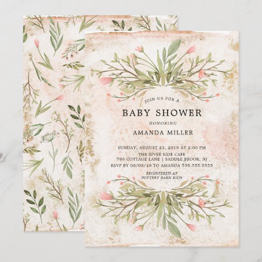 Waterverf Roze Bloemen & Groene Baby Shower Kaart (Voorkant / Achterkant)