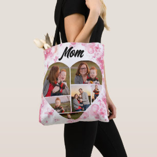 Waterverf Roze Bloemen Hart Vorm Fotocollage Tote Bag