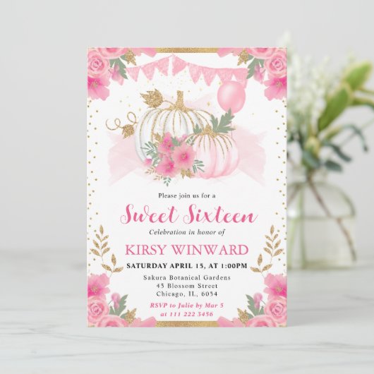 Waterverf Roze Bloemen Herfst Pompoen Sweet 16 Kaart (Staand voorkant)