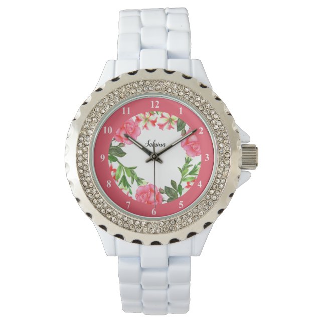 Waterverf Roze bloemen Illustratie Horloge (Voorkant)