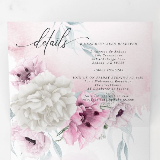 Waterverf Roze bloemen in één keer Drieluik Uitnodiging (Binnenzijde eerst)