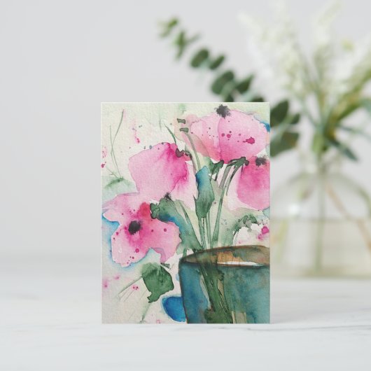 Waterverf roze bloemen in het vet briefkaart (Staand voorkant)