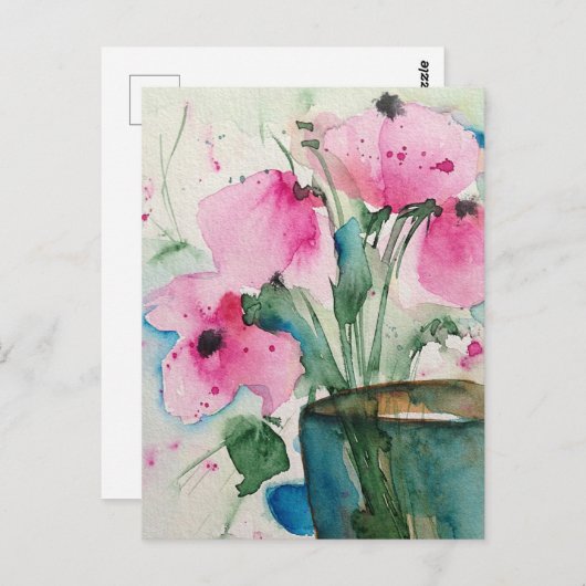 Waterverf roze bloemen in het vet briefkaart (Voorkant / Achterkant)