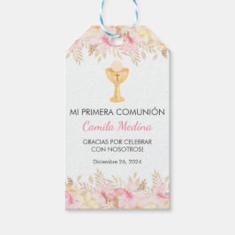Waterverf Roze Bloemen in Spaans Eerste Communie Cadeaulabel