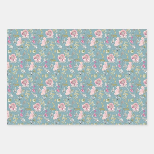 Waterverf Roze bloemen Inpakpapier Vel (Voorkant 3)