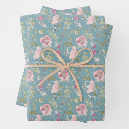 Waterverf Roze bloemen Inpakpapier Vel (In situ)