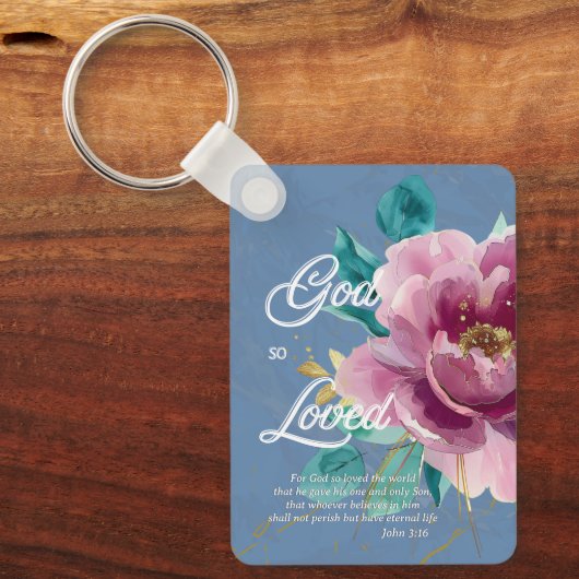 Waterverf Roze Bloemen John 3 16 Christelijk Sleutelhanger (Voorkant)
