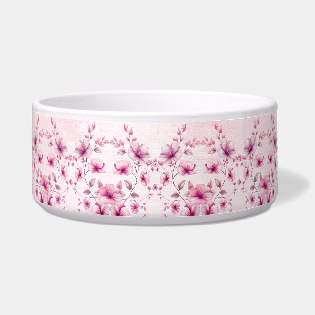 Waterverf Roze Bloemen Keramische Pet Bowl Voerbakje (Voorkant)