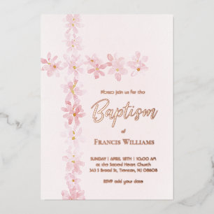 waterverf roze bloemen kruis Doop Folie Uitnodiging