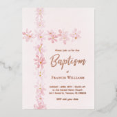 waterverf roze bloemen kruisen doop folie uitnodiging (Voorkant)