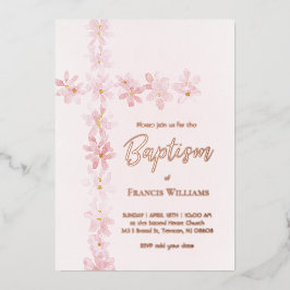 waterverf roze bloemen kruisen doop folie uitnodiging