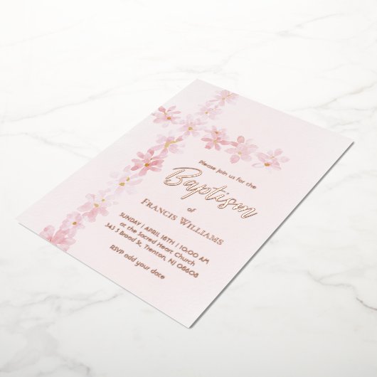waterverf roze bloemen kruisen doop folie uitnodiging (Gedraaid)
