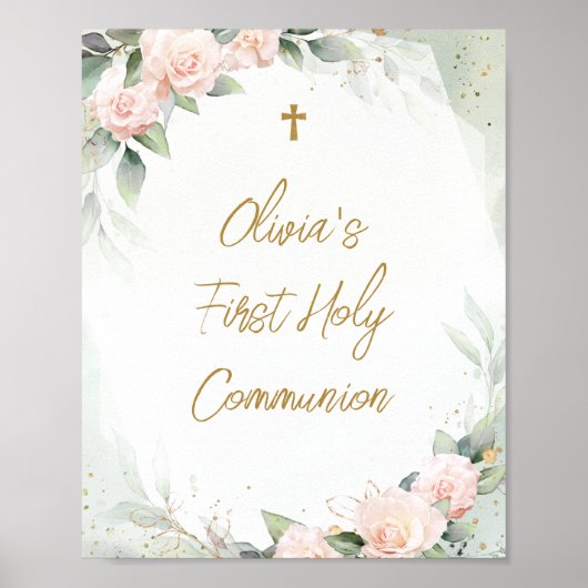Waterverf Roze Bloemen Kruisen Eerste Heilige Comm Poster (Voorkant)