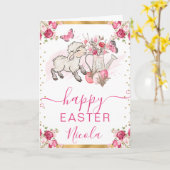 Waterverf Roze Bloemen Lam Happy Easter Kaart (Gele Bloem)