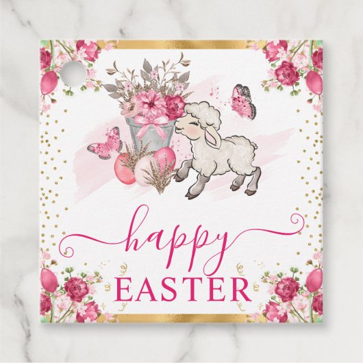 Waterverf Roze Bloemen Lente Lam Pasen Bedankjes Labels (Voorkant)