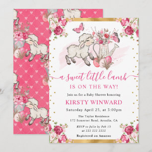 Waterverf Roze Bloemen Lente Lammetje Baby Shower Kaart