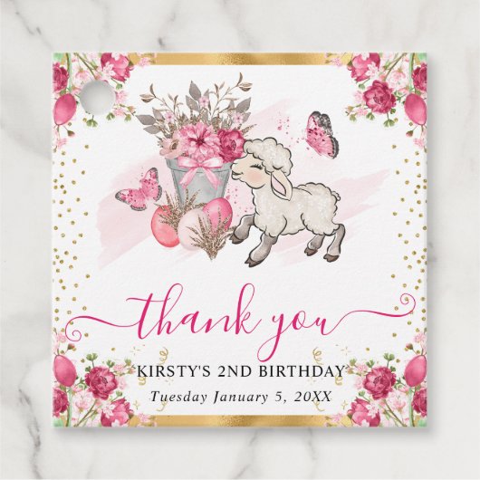 Waterverf Roze Bloemen Lentelam Verjaardag Bedankjes Labels (Voorkant)