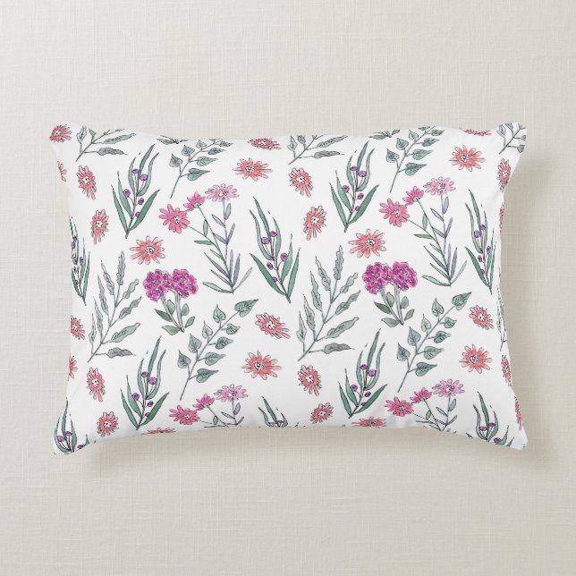 Waterverf roze bloemen licht witte achtergrond accent kussen (Voorkant)