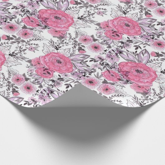 Waterverf roze bloemen licht witte achtergrond cadeaupapier (Hoek)