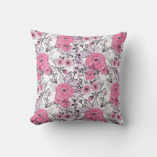 Waterverf roze bloemen licht witte achtergrond kussen (Voorkant)