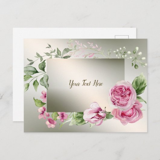 Waterverf Roze Bloemen Lijst Glanzend Brons Elegan Briefkaart (Voorkant / Achterkant)