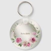 Waterverf Roze Bloemen Lijst Glanzend Brons Elegan Sleutelhanger (Voorkant)