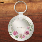 Waterverf Roze Bloemen Lijst Glanzend Brons Elegan Sleutelhanger (Voorkant)