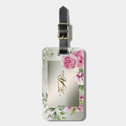 Waterverf Roze Bloemen Lijst Glanzend Brons Reizen Bagagelabel (Voorkant verticaal)