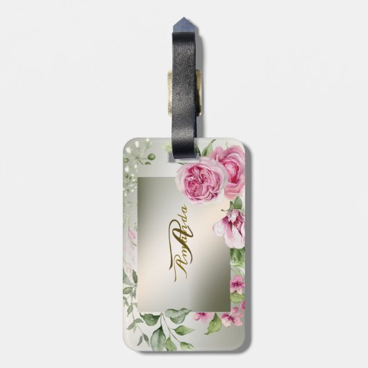 Waterverf Roze Bloemen Lijst Glanzend Brons Reizen Bagagelabel (Achterkant verticaal)