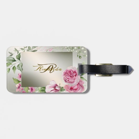 Waterverf Roze Bloemen Lijst Glanzend Brons Reizen Bagagelabel (Achterkant horizontaal)